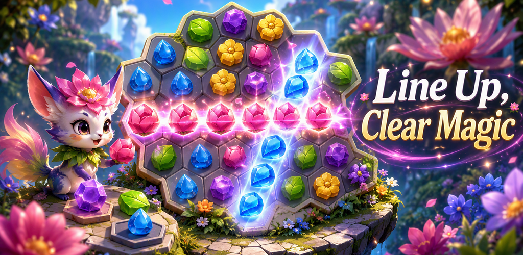 Crystal Grove: Puzzle key art with fantasy creatures around a hexagonal gem board
